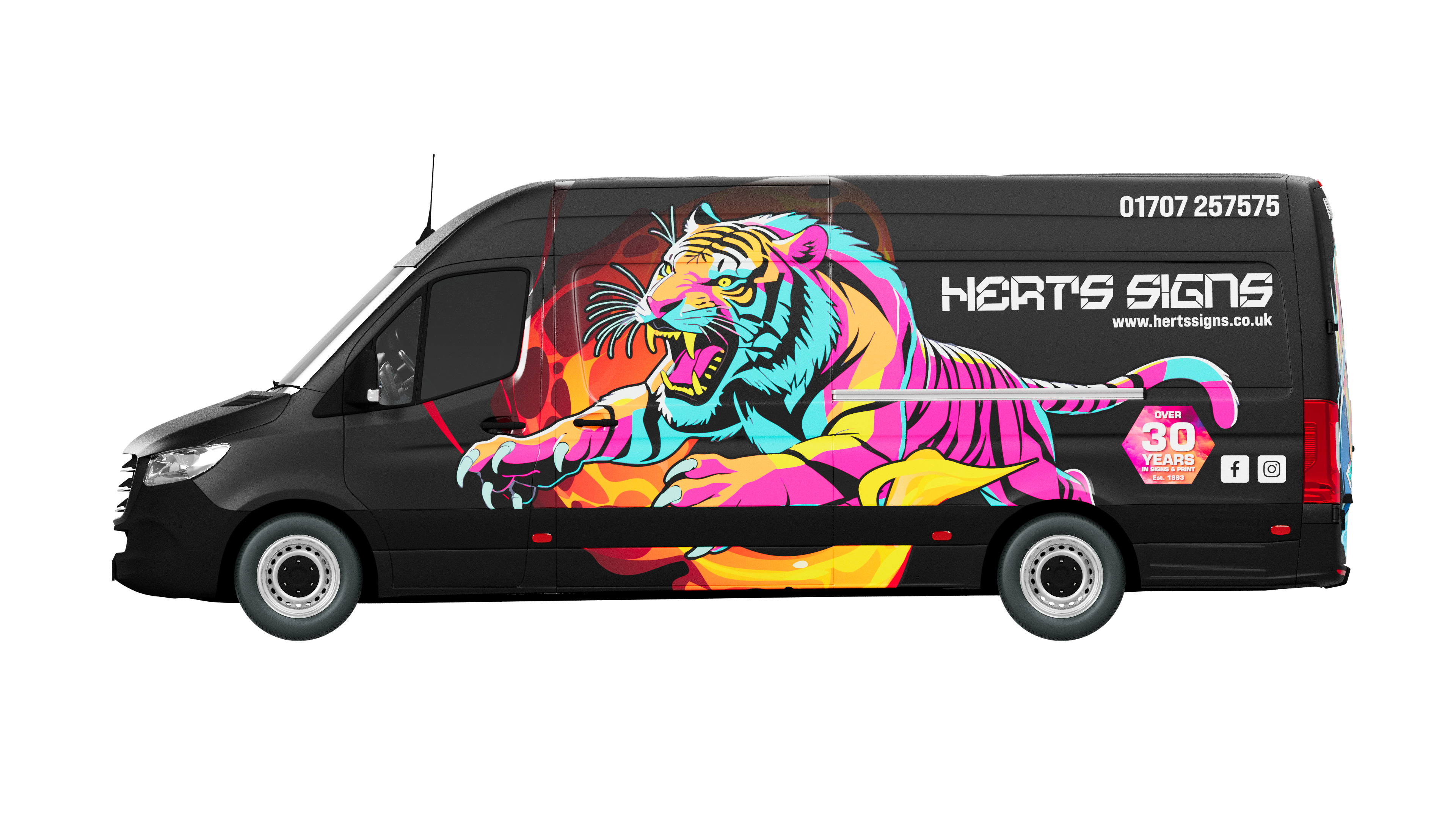 Mercedes Sprinter van, full side profile, finished in a colour tiger wrap design